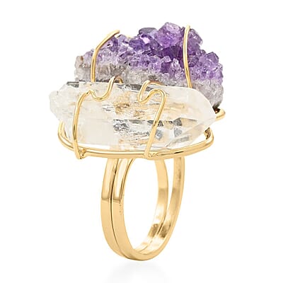 Colors of Brazil African Amethyst and Crystal Ring in Goldtone (Size 7.0) 40.00 ctw