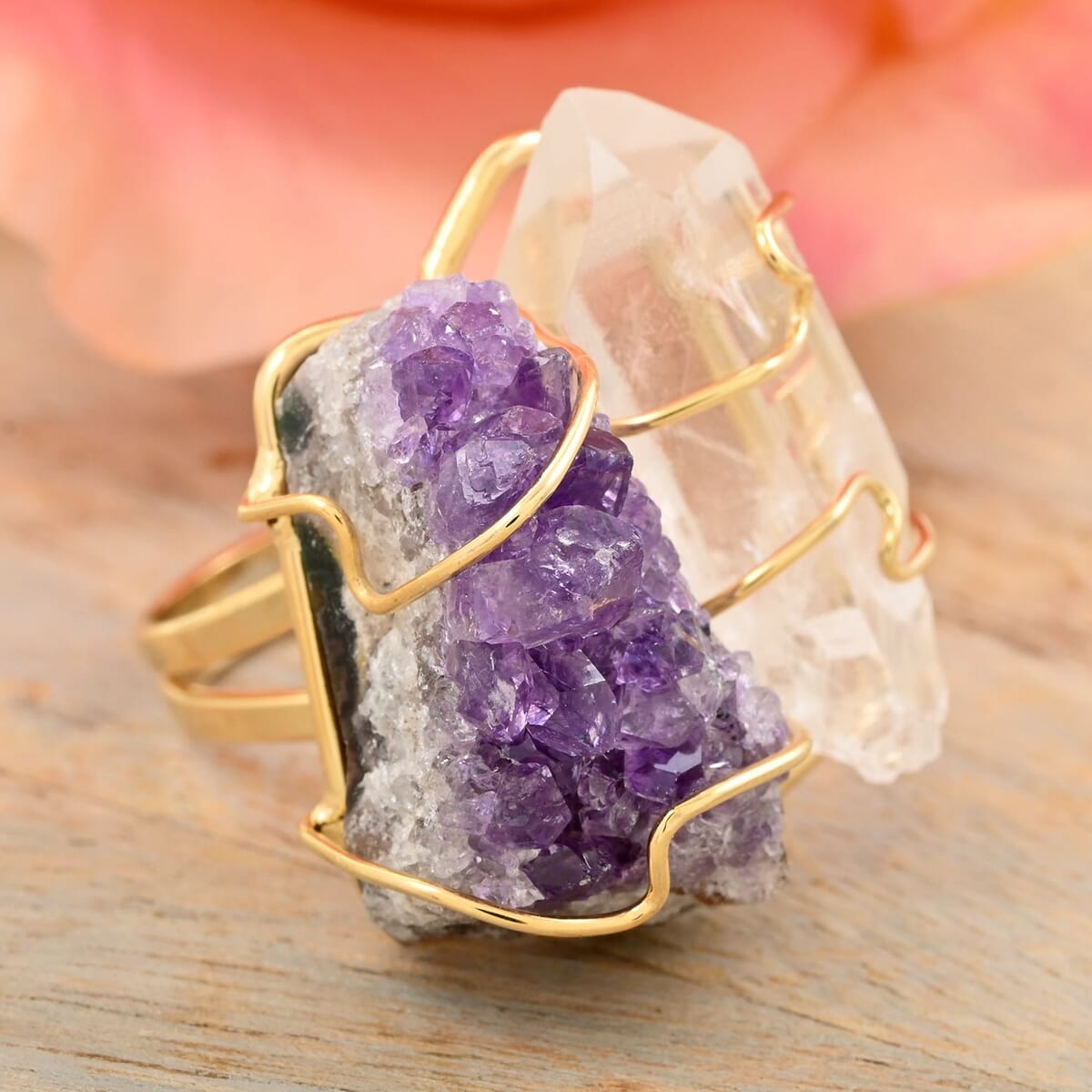 African Amethyst and Crystal Ring in Goldtone (Size 9.0) 40.00 ctw image number 1