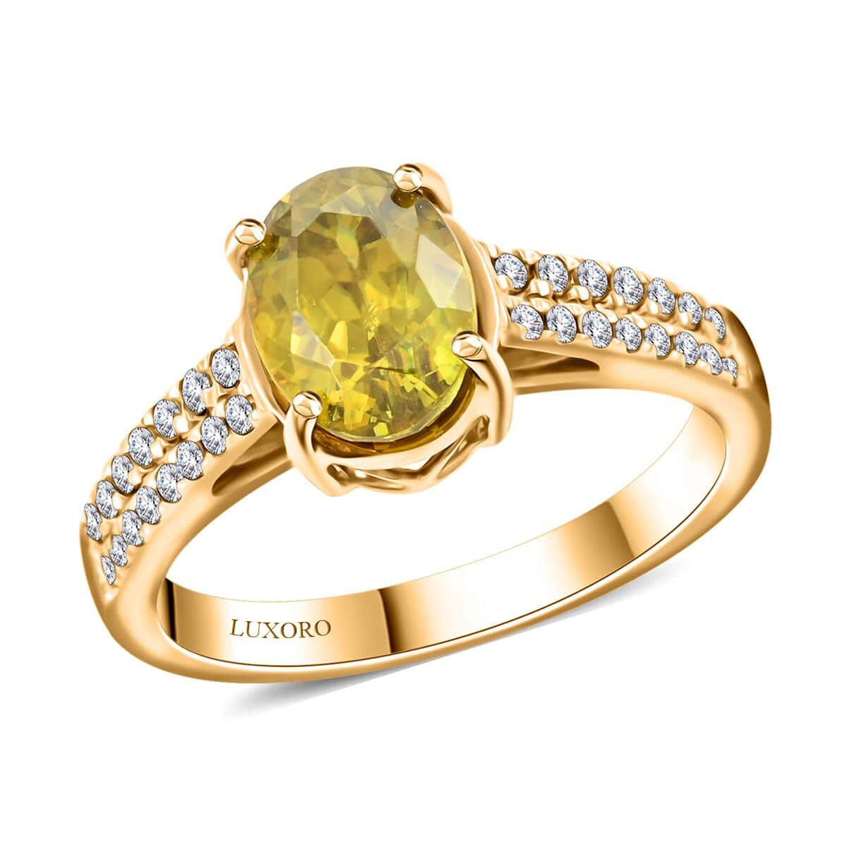 Certified & Appraised Luxoro 14K Yellow Gold AAA Sphene, Diamond (G-H, I2) (0.24 cts) Ring (Size 6.0) 1.75 ctw image number 0