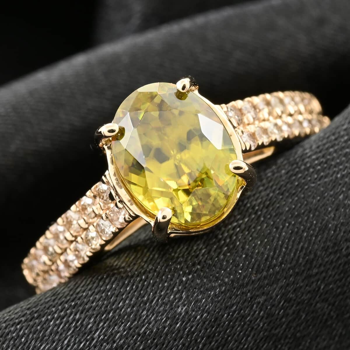 Certified & Appraised Luxoro 14K Yellow Gold AAA Sphene, Diamond (G-H, I2) (0.24 cts) Ring (Size 6.0) 1.75 ctw image number 1