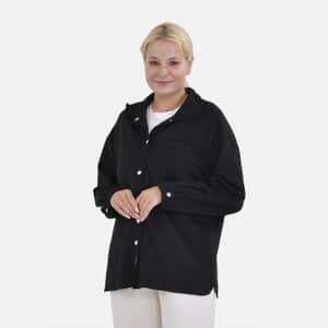 Tamsy Black Faux Suede Button-Up Shacket with Pockets - S