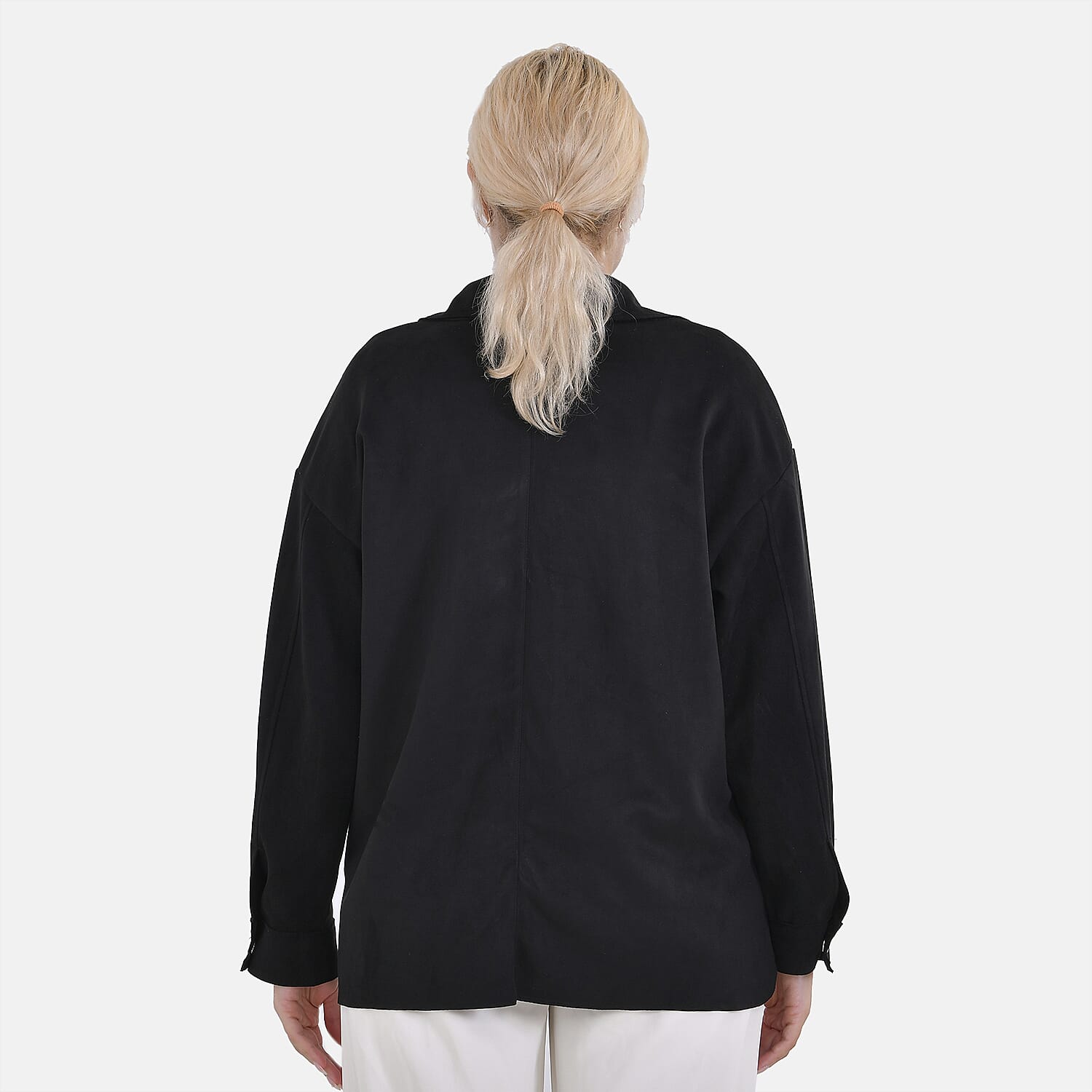 Tamsy Black Faux Suede Button-Up Shacket with Pockets - S