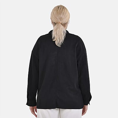 Tamsy Black Faux Suede Button-Up Shacket with Pockets - S