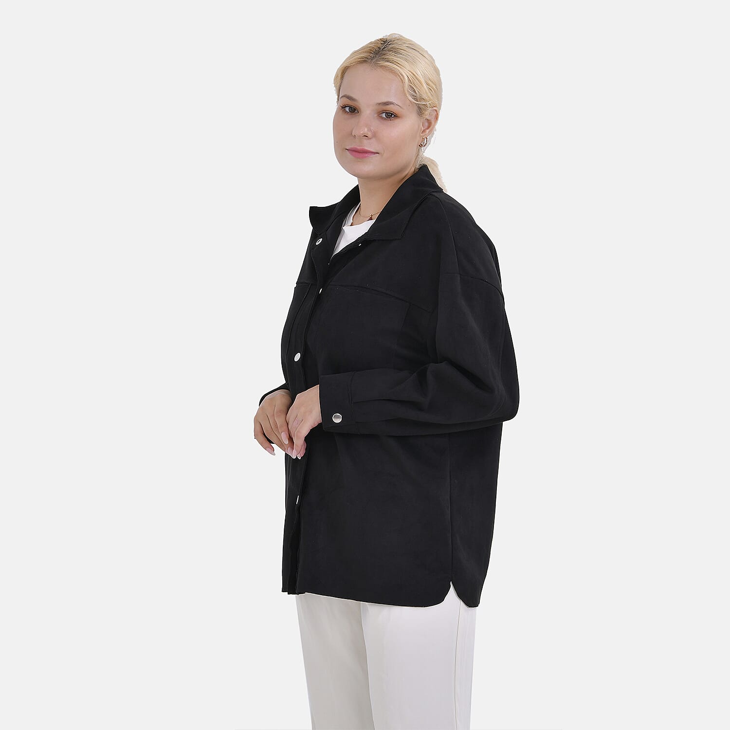 Tamsy Black Faux Suede Button-Up Shacket with Pockets - S