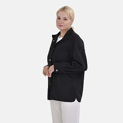 Tamsy Black Faux Suede Button-Up Shacket with Pockets - S