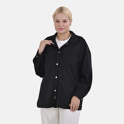 Tamsy Black Faux Suede Button-Up Shacket with Pockets - S
