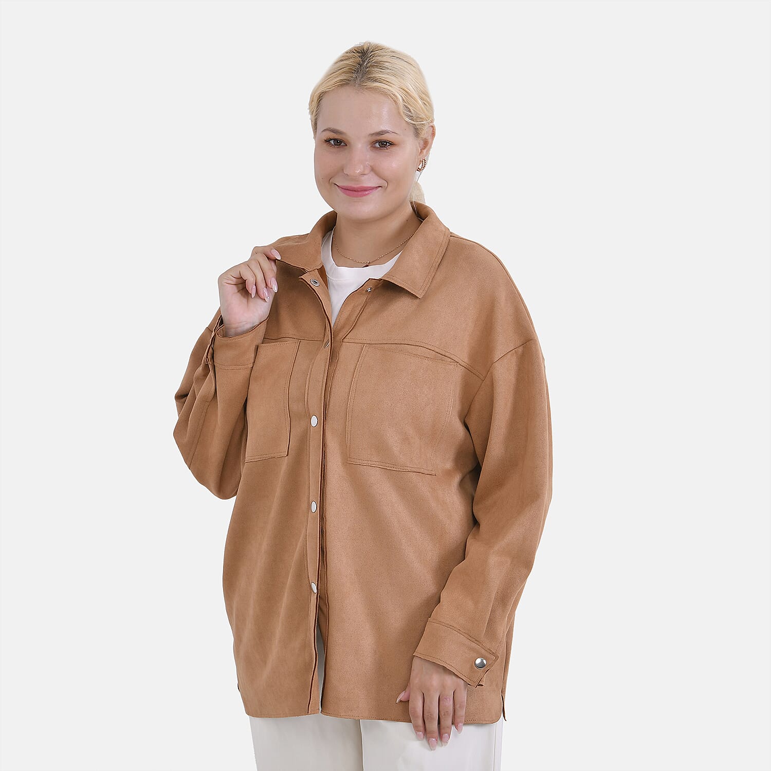 Buy Tamsy Camel Faux Suede Button-Up Shacket with Pockets - S at
