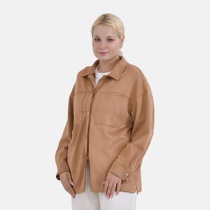 Tamsy Camel Faux Suede Button-Up Shacket with Pockets - M