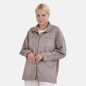 Tamsy Taupe Faux Suede Button-Up Shacket with Pockets - S
