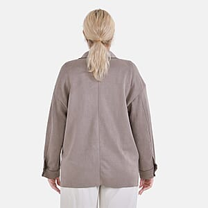 Tamsy Taupe Faux Suede Button-Up Shacket with Pockets - S