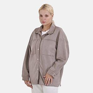 Tamsy Taupe Faux Suede Button-Up Shacket with Pockets - S