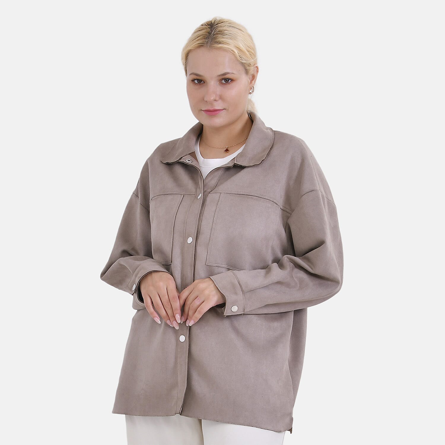 Tamsy Black Faux Suede Button-Up Shacket with Pockets - S