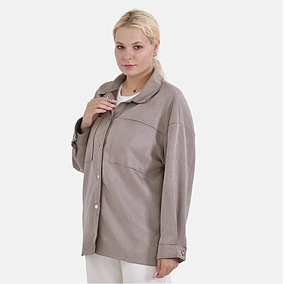 Tamsy Taupe Faux Suede Button-Up Shacket with Pockets - XL