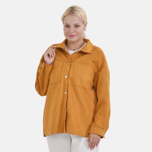 Tamsy Yellow Faux Suede Button-Up Shacket with Pockets - M