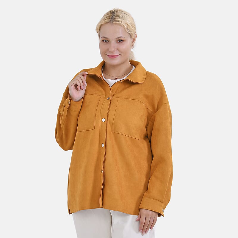 Tamsy Yellow Faux Suede Button-Up Shacket with Pockets - XL