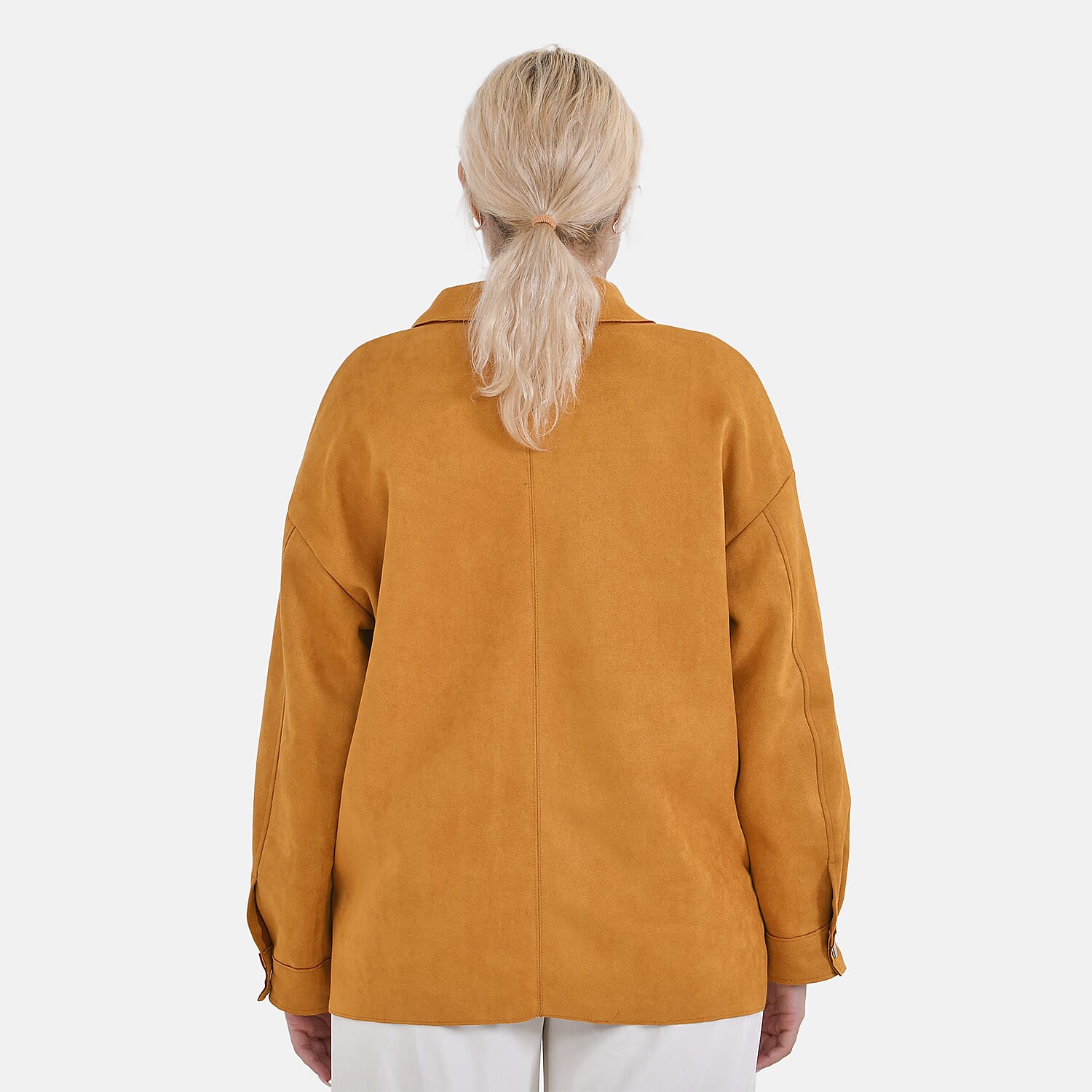 Tamsy Yellow Faux Suede Button-Up Shacket with Pockets - XL