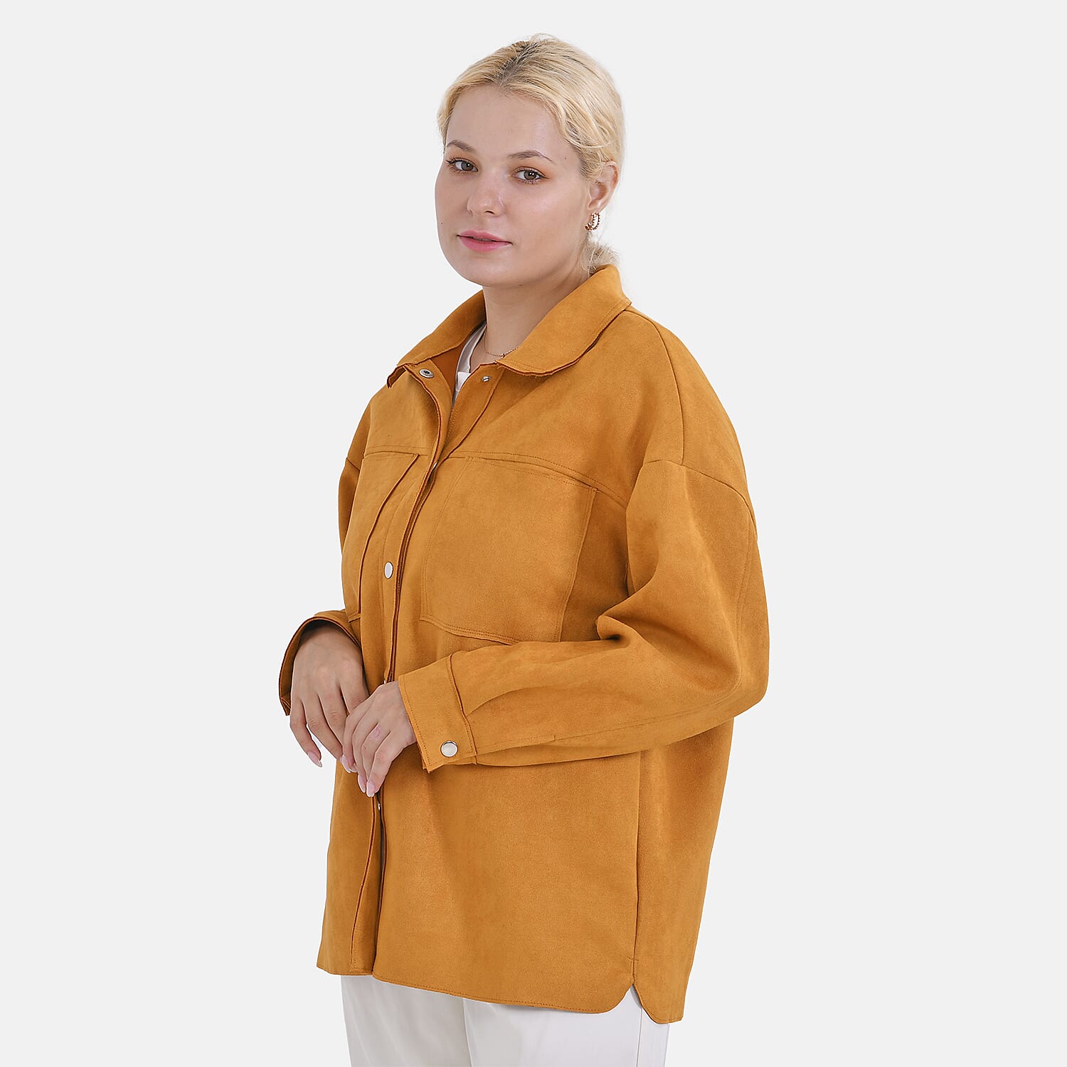 Tamsy Yellow Faux Suede Button-Up Shacket with Pockets - XL