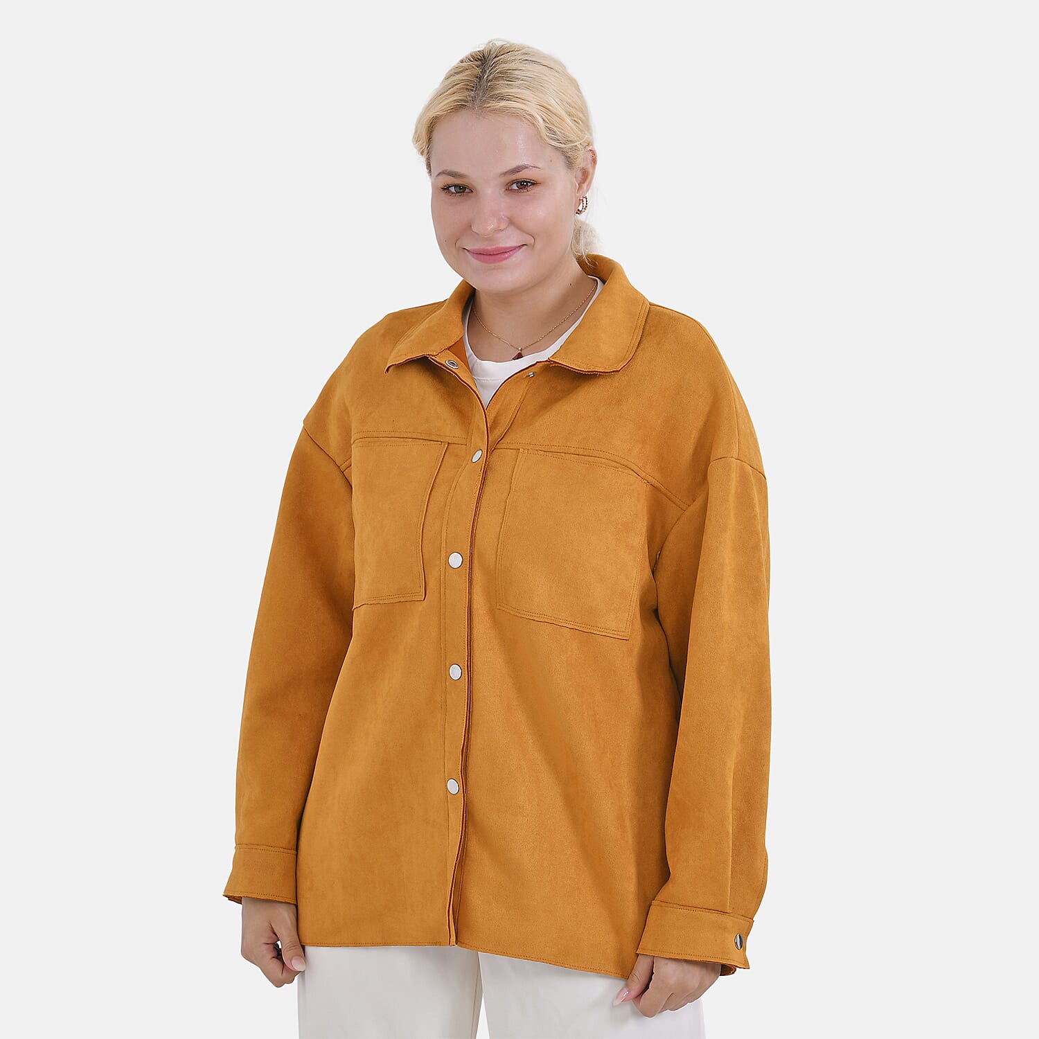 Tamsy Yellow Faux Suede Button-Up Shacket with Pockets - XL