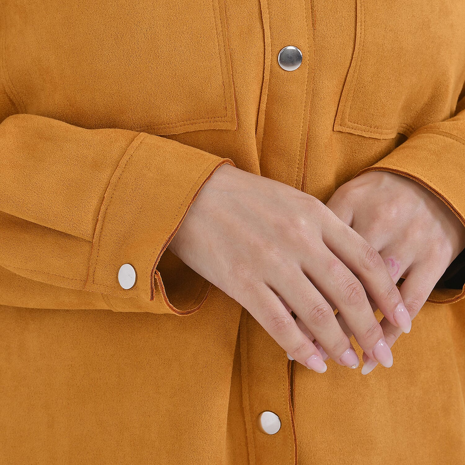 Tamsy Yellow Faux Suede Button-Up Shacket with Pockets - XL
