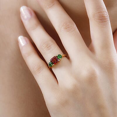 Brazilian Cherry Citrine and Chrome Diopside Ring in 18K Vermeil Yellow Gold Over Sterling Silver (Size 10.0) 1.70 ctw