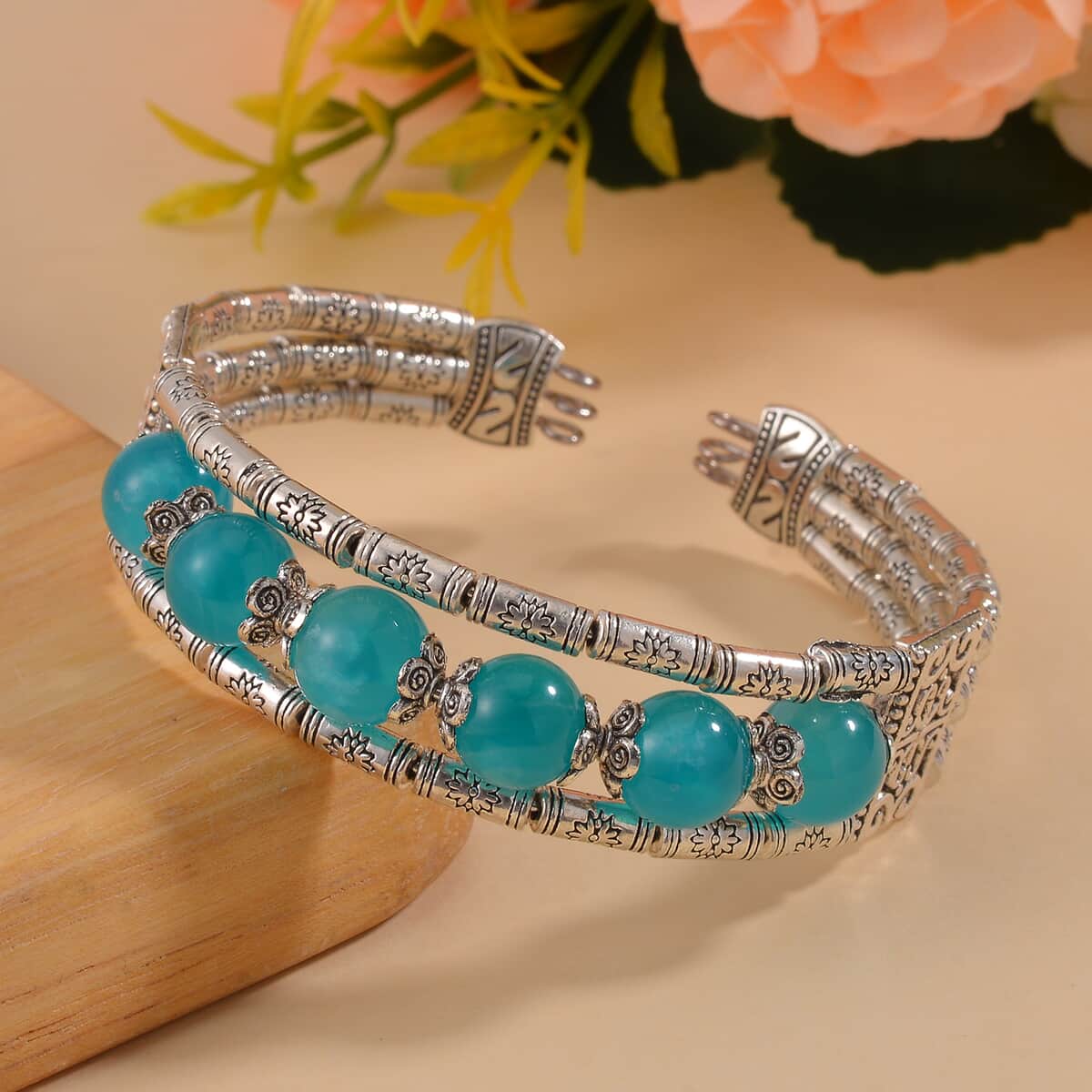 Amazonite Cuff Bracelet in Silvertone (7.00 In) 70.00 ctw image number 1