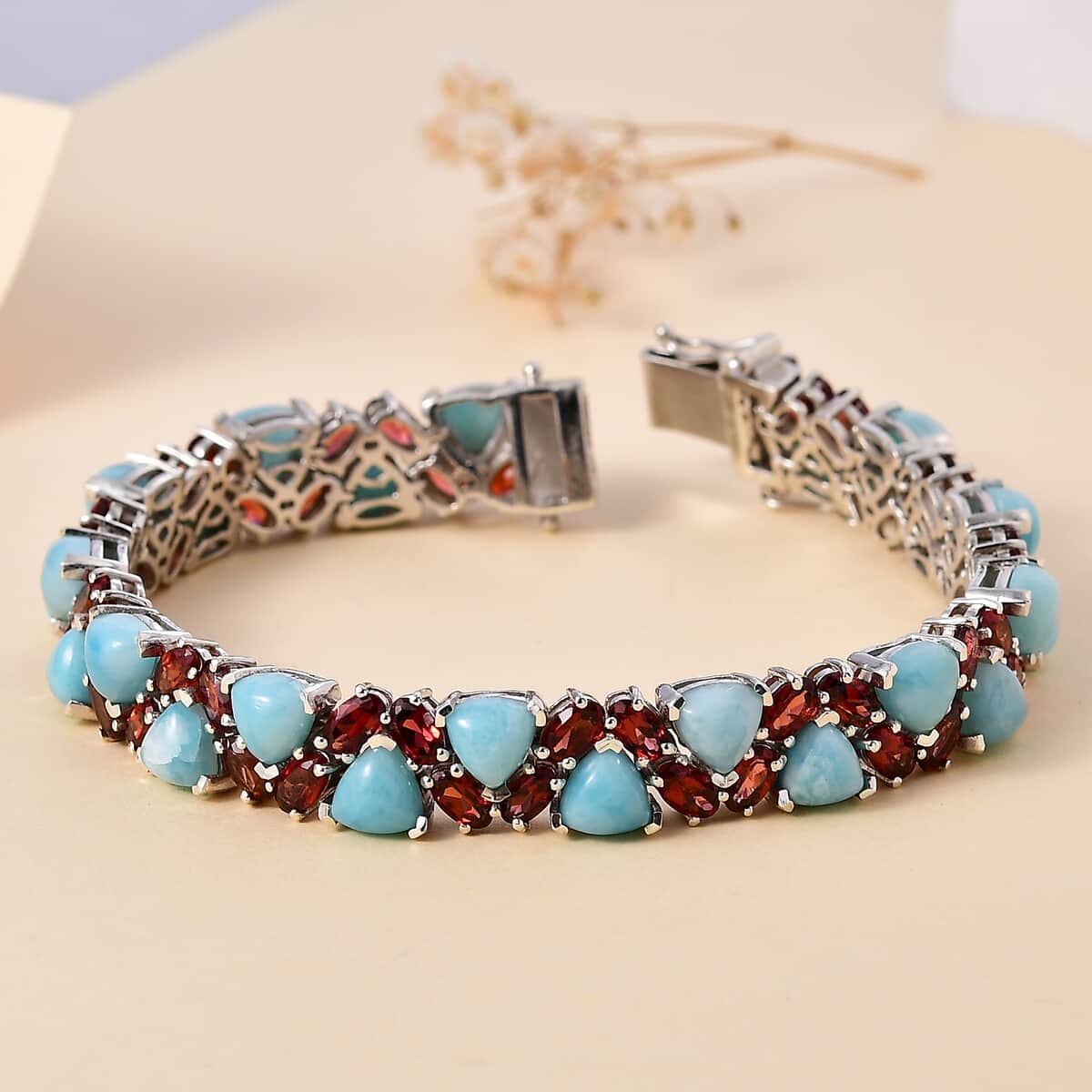 Larimar and Mozambique Garnet 37.20 ctw Bracelet in Platinum Over Sterling Silver (7.25 In) image number 1