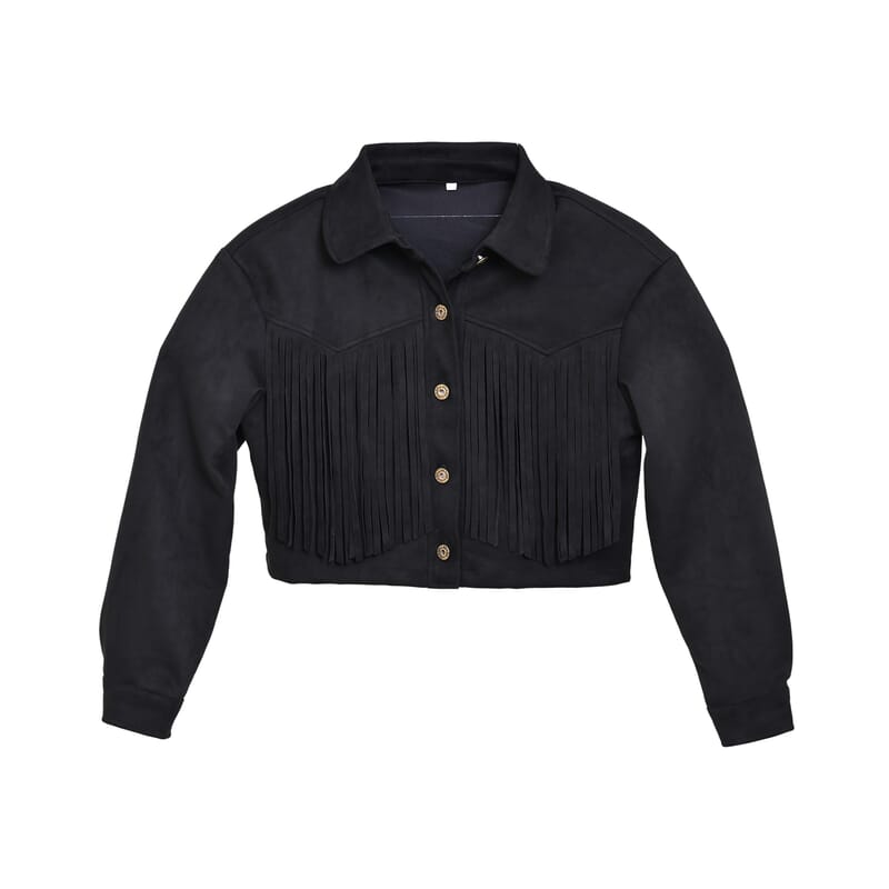 Western Black Short Faux Suede Jacket with Fringe - S