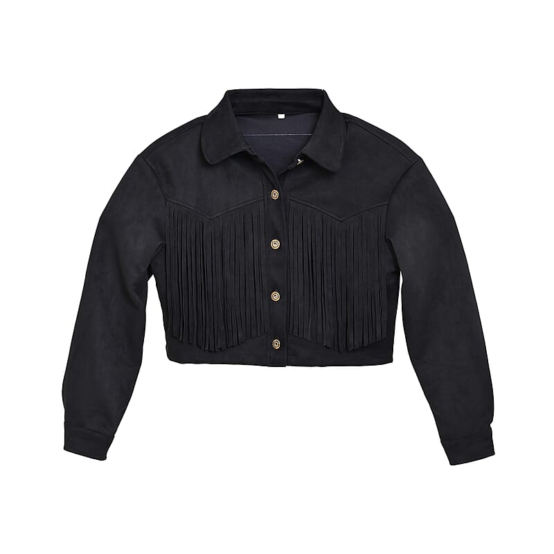 Western Black Short Faux Suede Jacket with Fringe - S