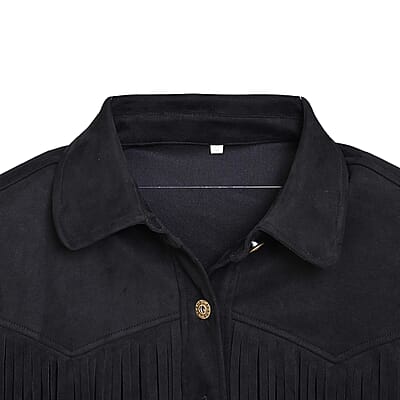 Western Black Short Faux Suede Jacket with Fringe - S