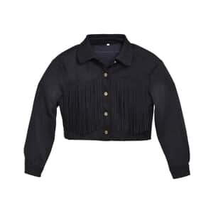 Western Black Short Faux Suede Jacket with Fringe - M