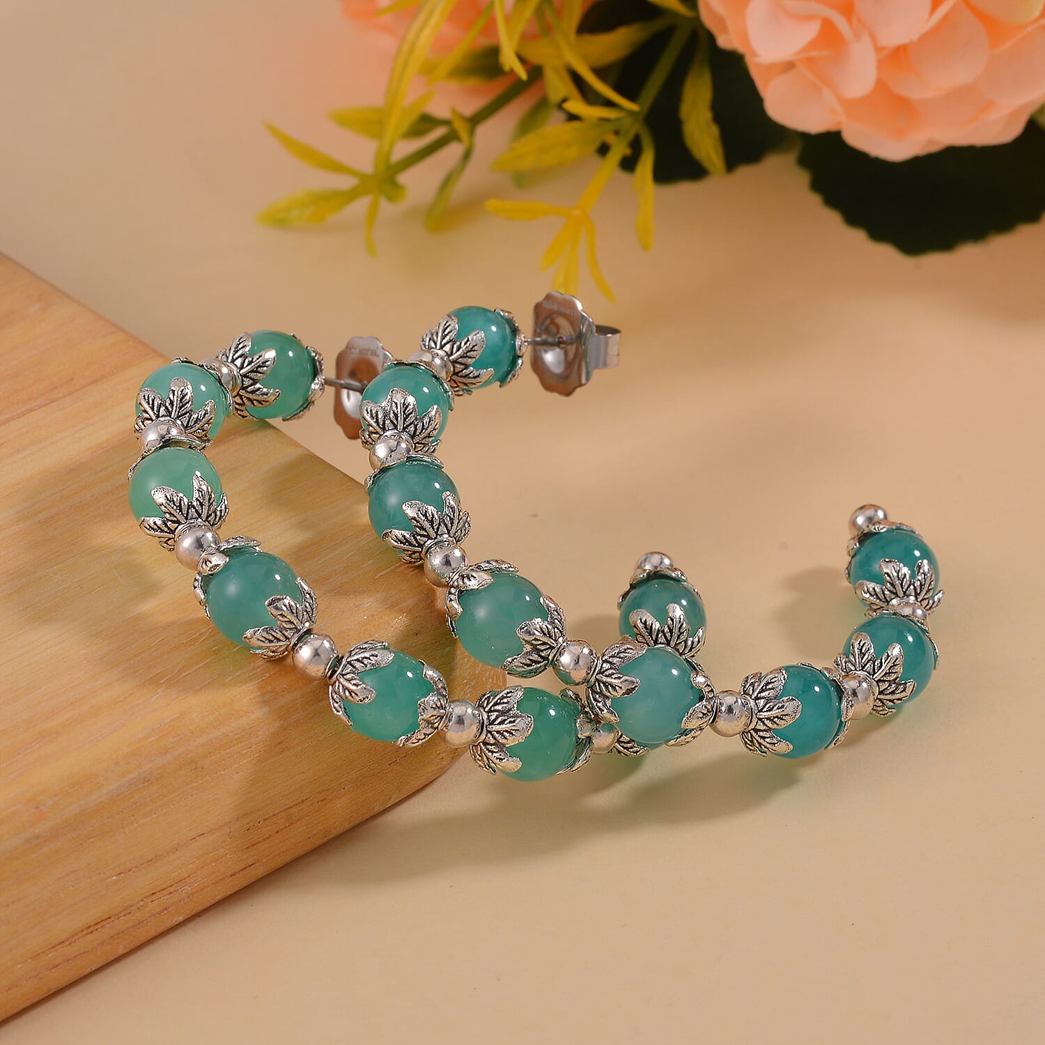 Amazonite Half Hoop Earrings in Silvertone 75.00 ctw