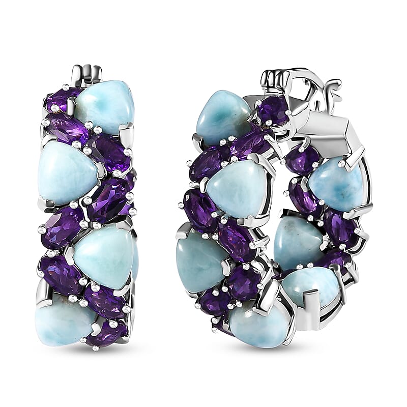 Larimar and African Amethyst 18.75 ctw Zig-Zag Hoop Earrings in Platinum Over Sterling Silver
