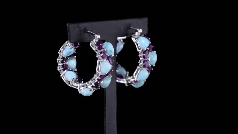 Larimar and African Amethyst 18.75 ctw Hoop Earrings in Platinum Over Sterling Silver