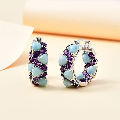 Larimar and African Amethyst 18.75 ctw Zig-Zag Hoop Earrings in Platinum Over Sterling Silver