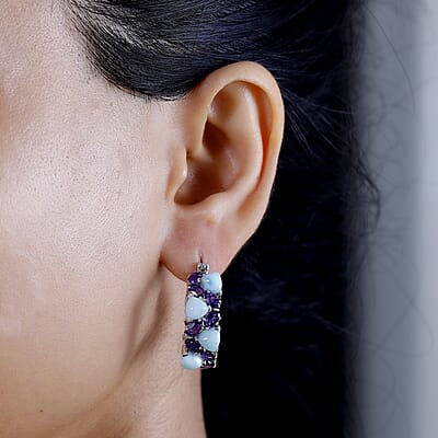 Larimar and African Amethyst 18.75 ctw Zig-Zag Hoop Earrings in Platinum Over Sterling Silver