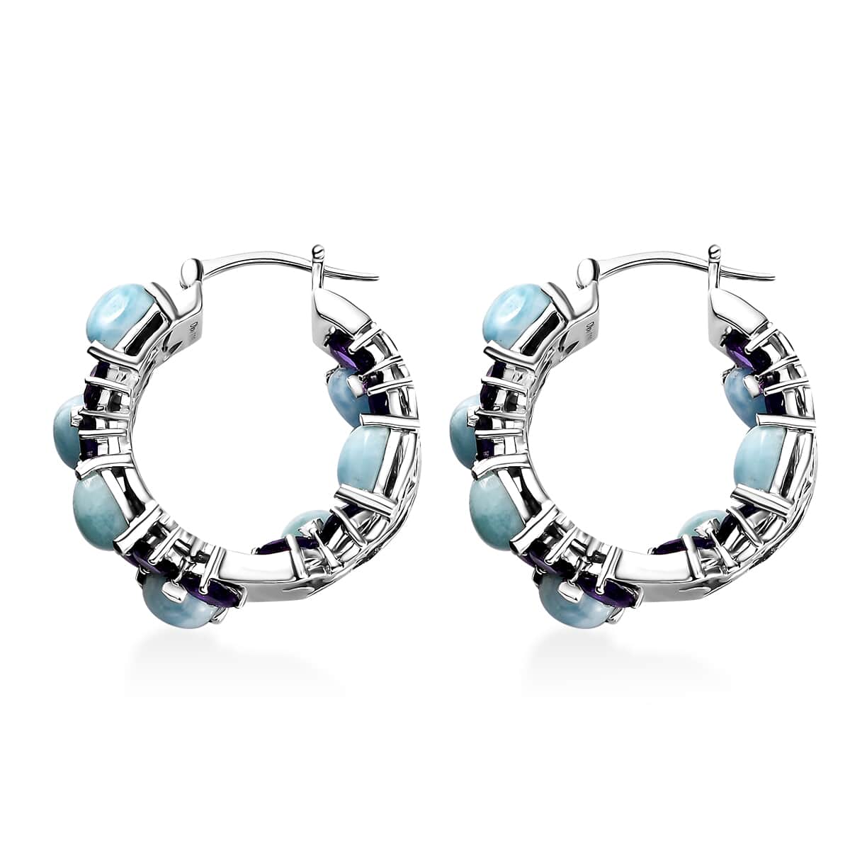 Larimar and African Amethyst 18.75 ctw Hoop Earrings in Platinum Over Sterling Silver image number 3