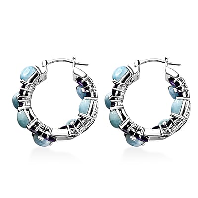 Larimar and African Amethyst 18.75 ctw Zig-Zag Hoop Earrings in Platinum Over Sterling Silver