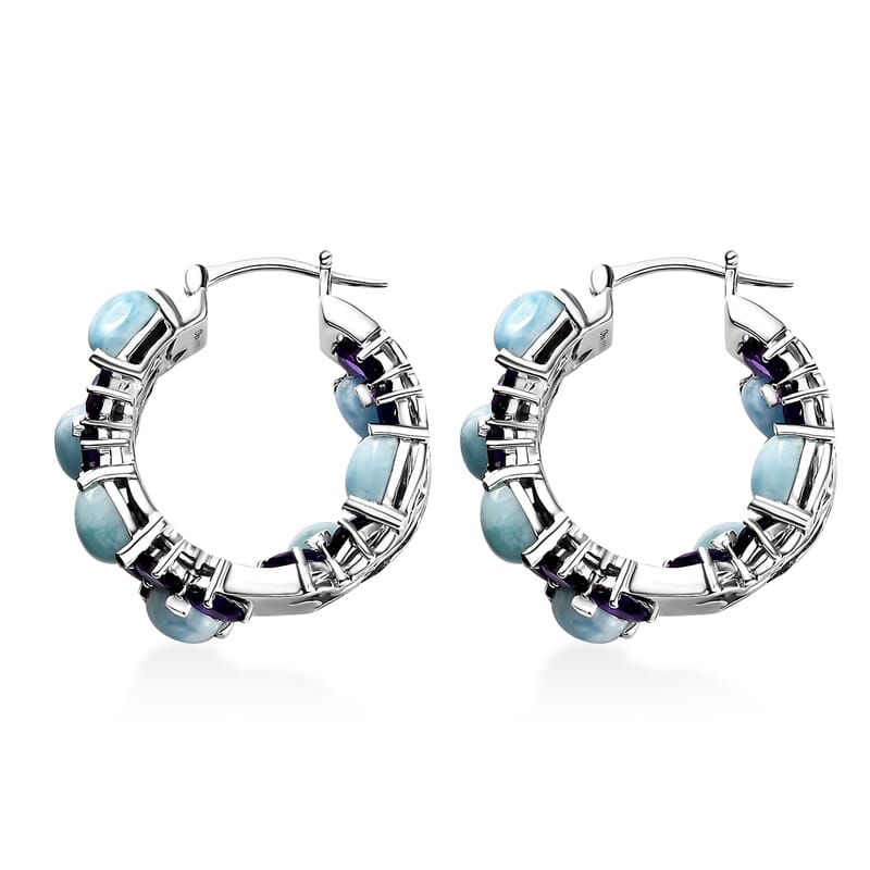 Larimar and African Amethyst 18.75 ctw Zig-Zag Hoop Earrings in Platinum Over Sterling Silver