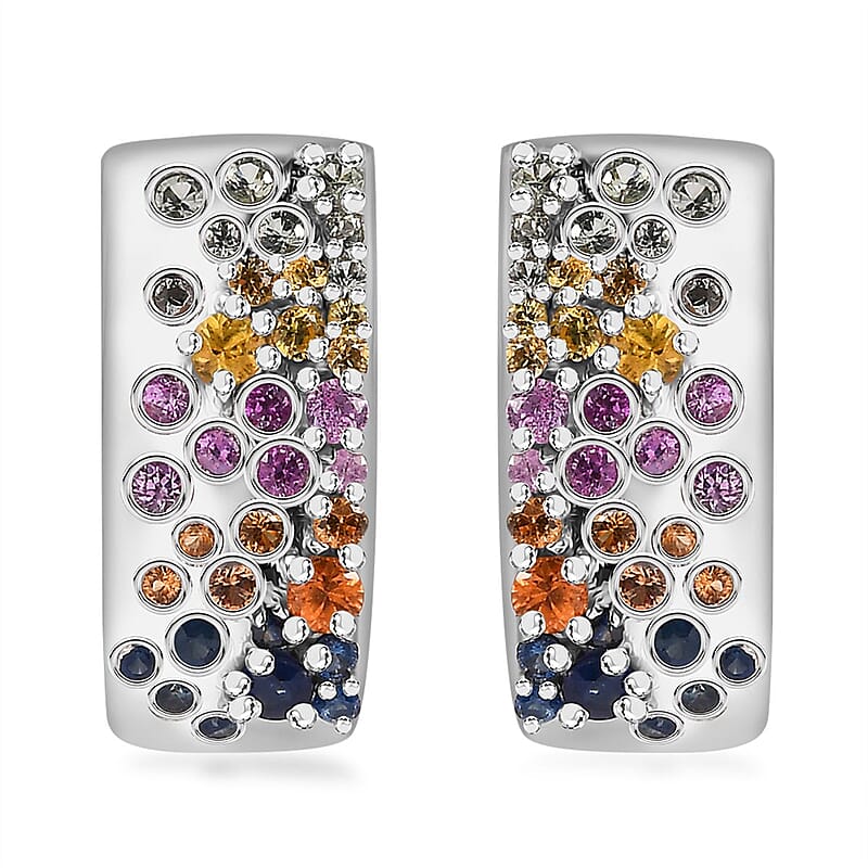 GP Royal Art Deco Collection Multi Sapphire Earrings in Rhodium Over Sterling Silver 1.90 ctw