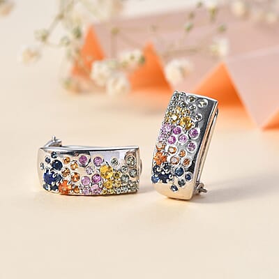 GP Royal Art Deco Collection Multi Sapphire Earrings in Rhodium Over Sterling Silver 1.90 ctw