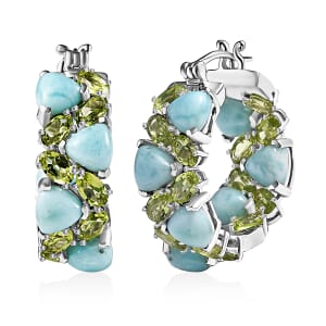 Larimar and Peridot 20.90 ctw Zig-Zag Hoop Earrings in Platinum Over Sterling Silver