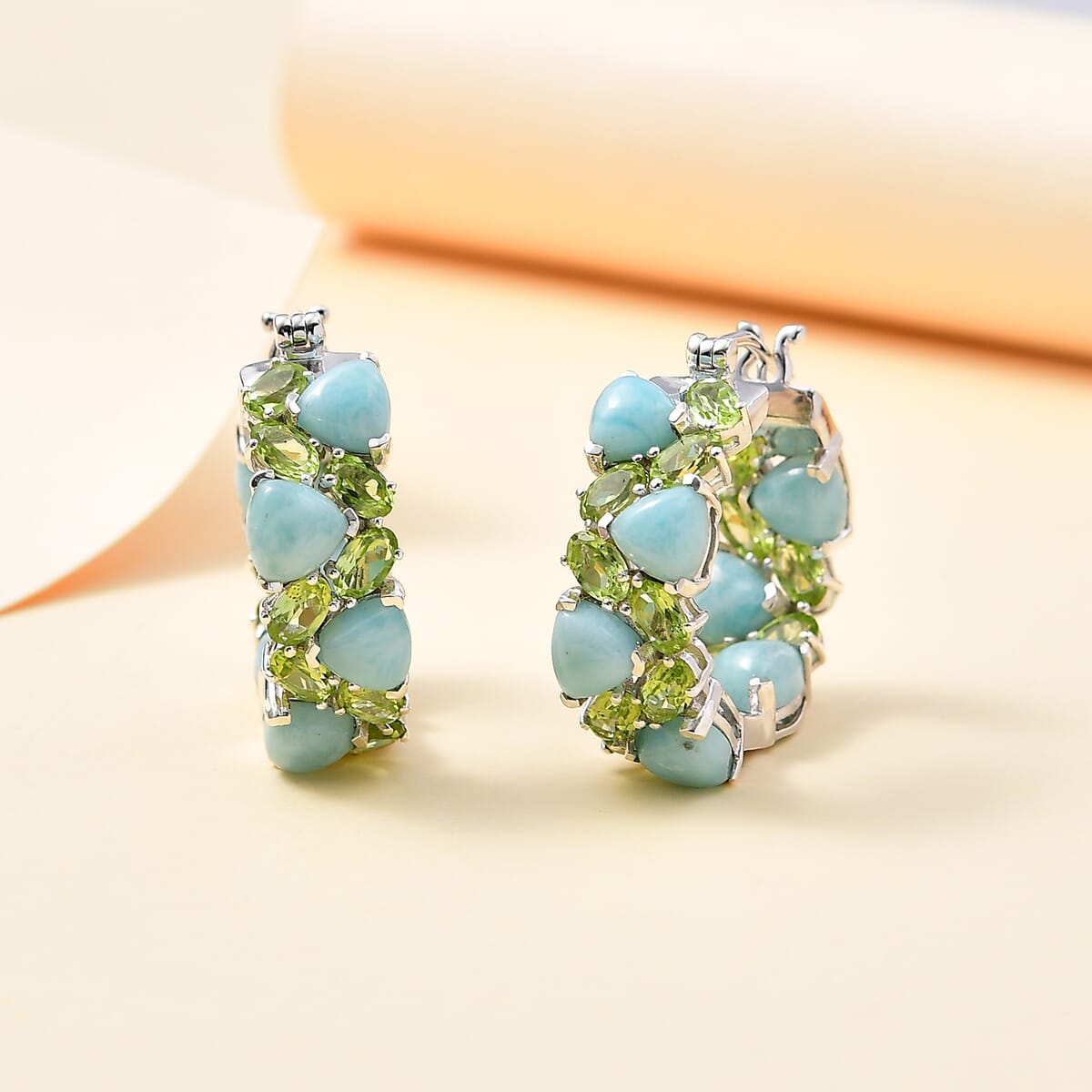 Larimar and Peridot 20.90 ctw Zig-Zag Hoop Earrings in Platinum Over Sterling Silver image number 1