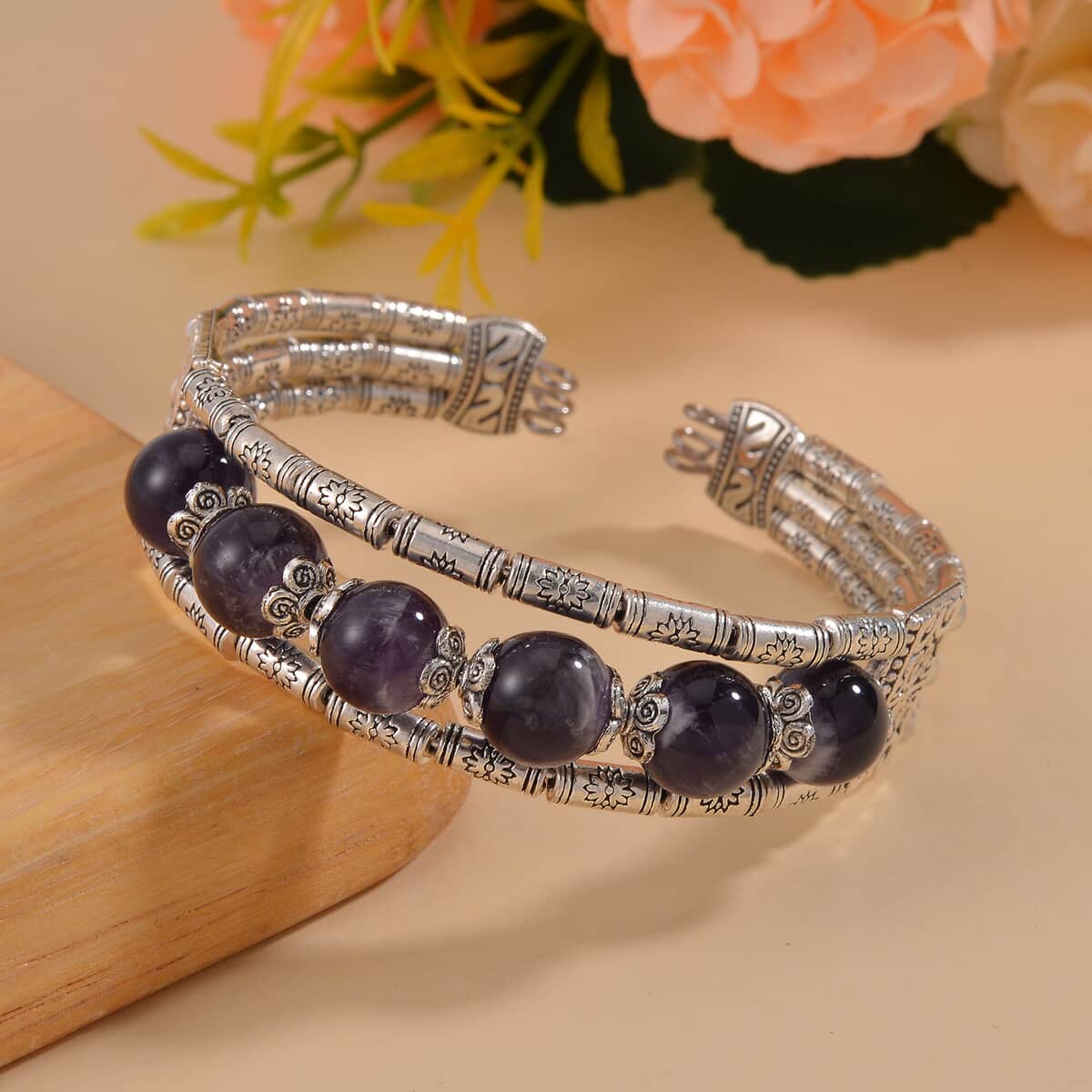 Bi-Color Amethyst Cuff Bracelet in Silvertone (7.00 In) 70.00 ctw image number 1