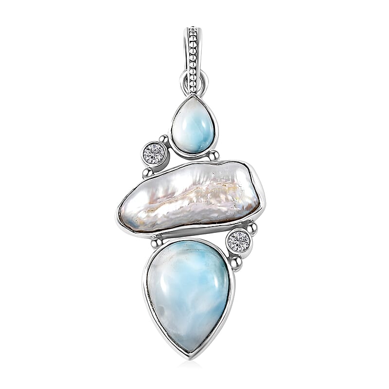Artisan Crafted Larimar and Multi Gemstone Pendant without Chain in Black Oxidized Sterling Silver 17.10 ctw