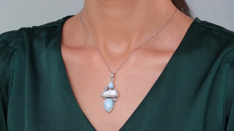 Artisan Crafted Larimar and Multi Gemstone Pendant without Chain in Black Oxidized Sterling Silver 17.10 ctw