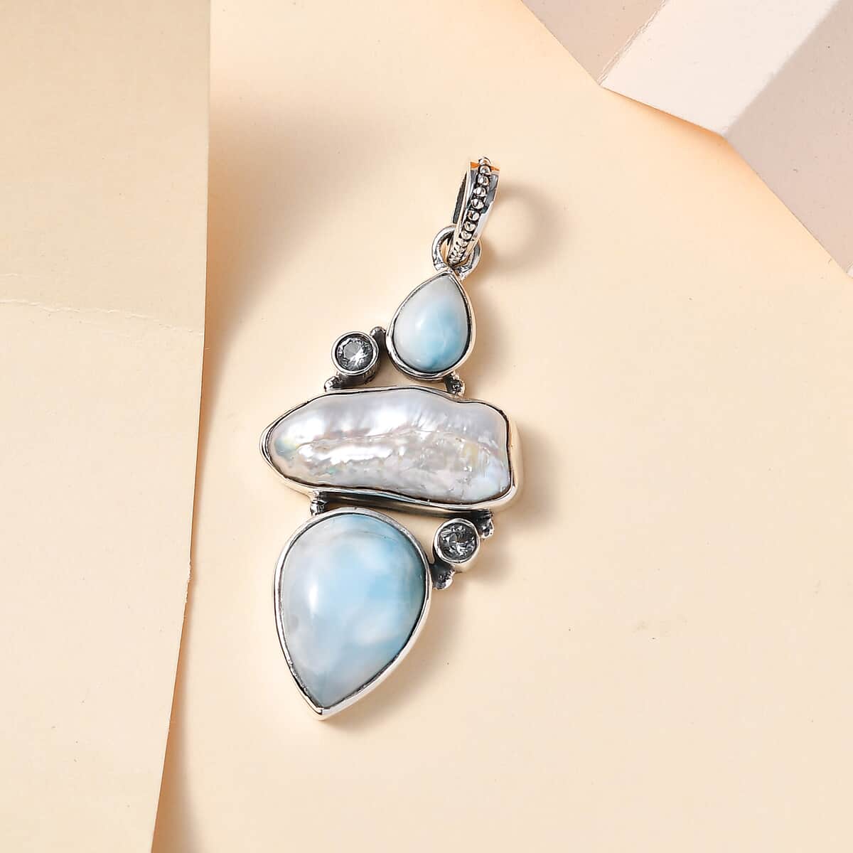 Artisan Crafted Larimar and Multi Gemstone Pendant in Black Oxidized Sterling Silver 17.10 ctw image number 1