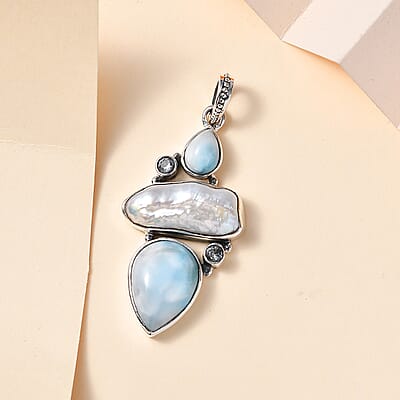 Artisan Crafted Larimar and Multi Gemstone Pendant without Chain in Black Oxidized Sterling Silver 17.10 ctw