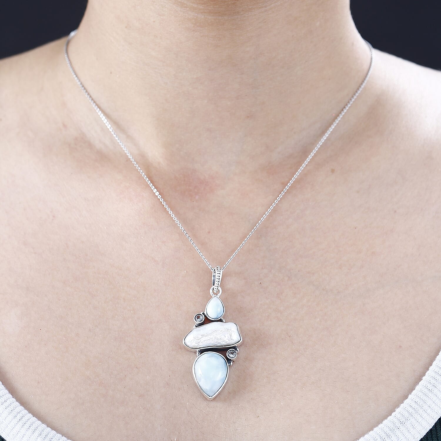Artisan Crafted Larimar and Multi Gemstone Pendant without Chain in Black Oxidized Sterling Silver 17.10 ctw