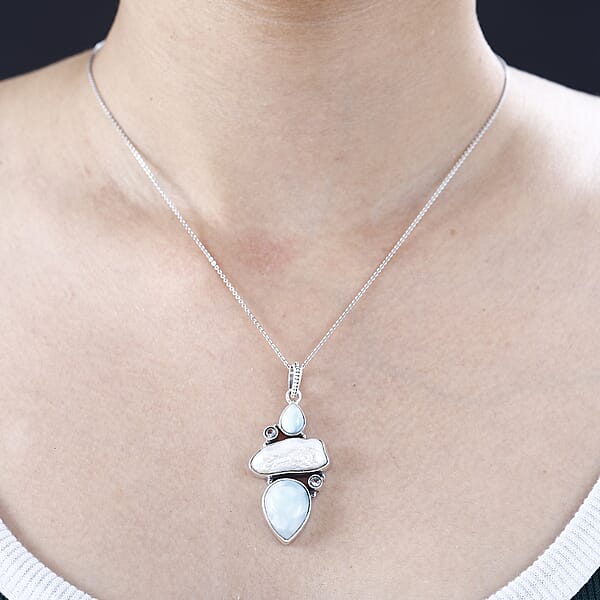 Artisan Crafted Larimar and Multi Gemstone Pendant without Chain in Black Oxidized Sterling Silver 17.10 ctw