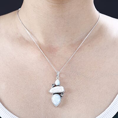 Artisan Crafted Larimar and Multi Gemstone Pendant without Chain in Black Oxidized Sterling Silver 17.10 ctw